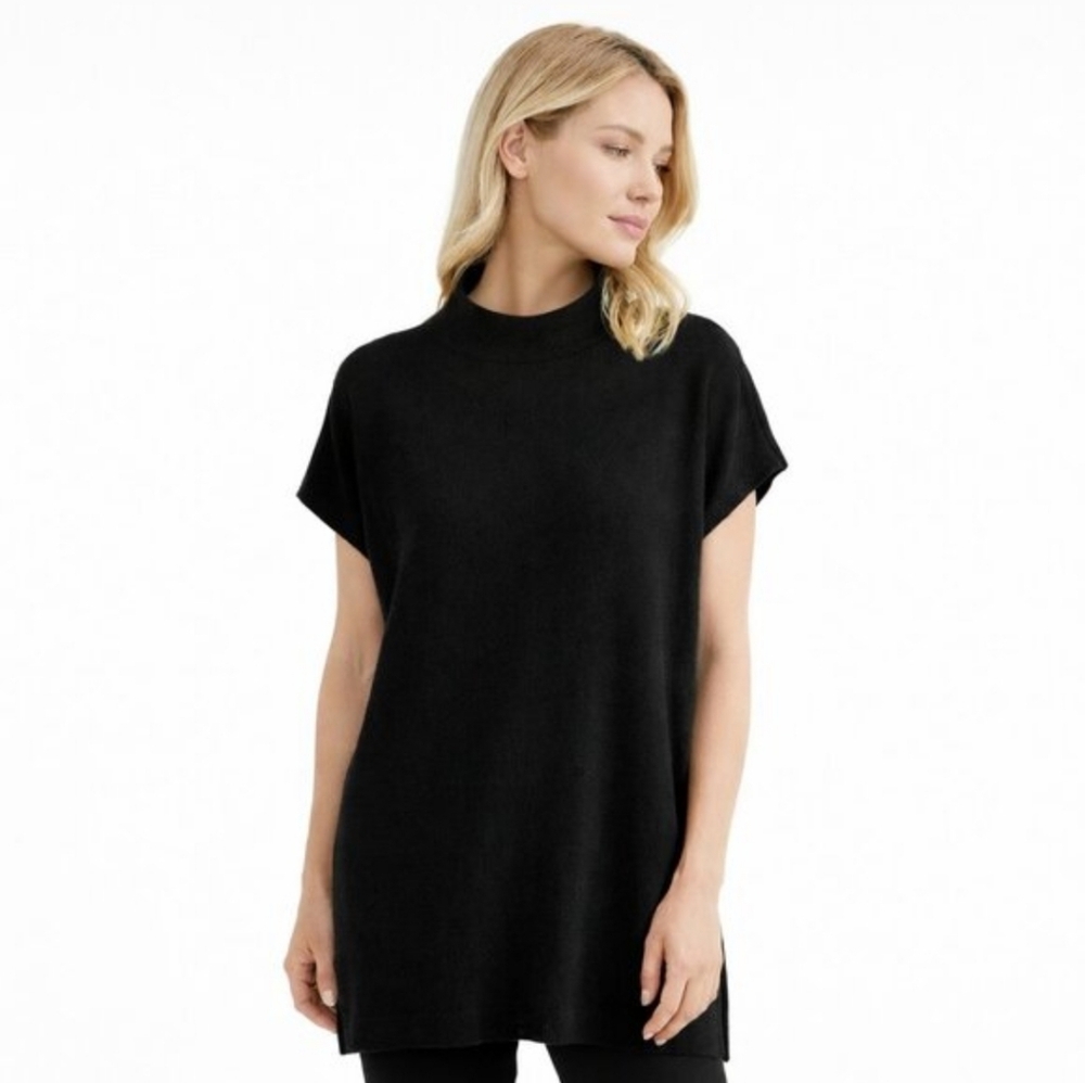 Elieen Fisher Mock Neck A-Line Shortsleeve Sweater, Size Medium